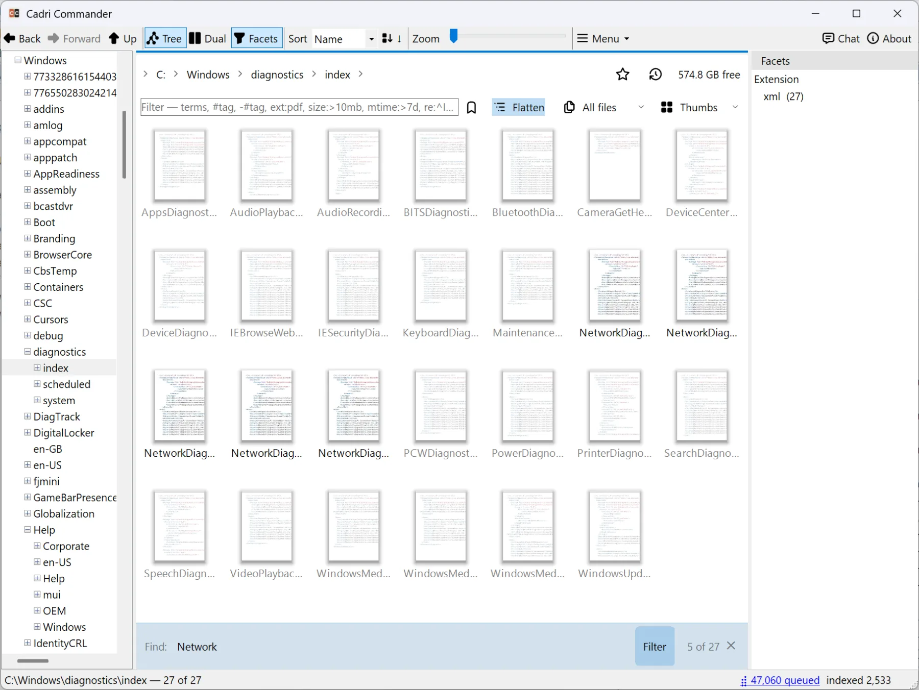 Folder tree, Thumbs view of XML files and the type-to-filter bar showing 5 of 27 matches for Network.
