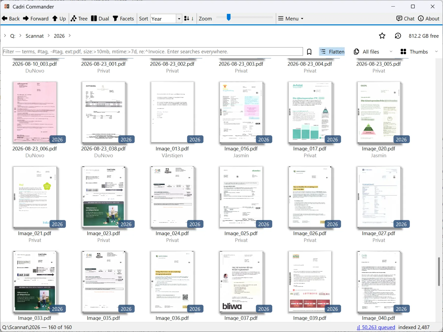 PDF collection sorted by document year with a 2026 badge on every page thumbnail.