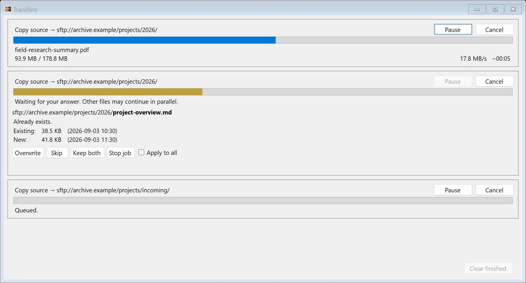 The Transfers window with three copies to an SFTP server: one running with rate and estimated time, one waiting on a name clash offering Overwrite, Skip, Keep both, Stop job and Apply to all beside both file sizes and dates, and one queued.